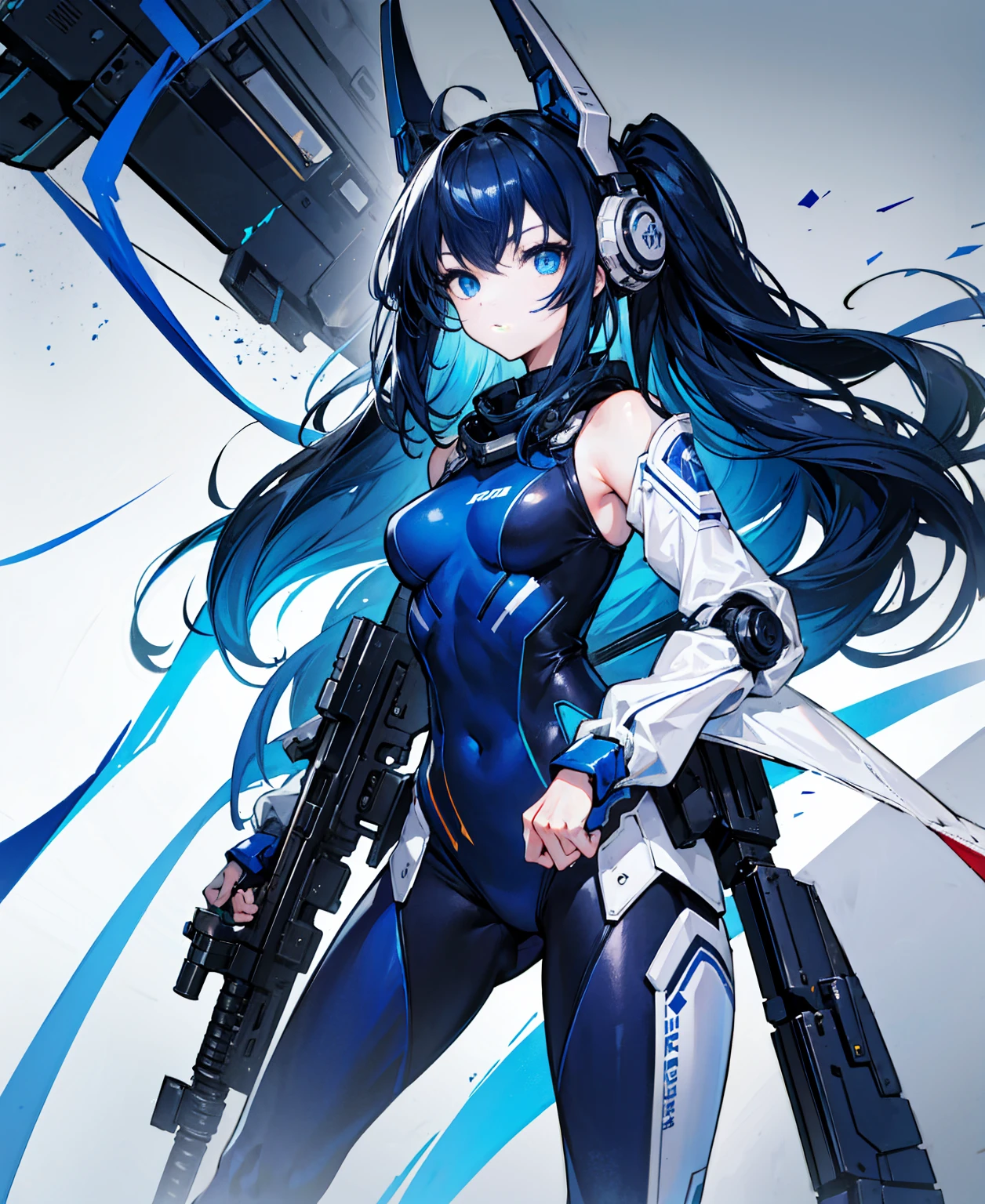 There is no background,girl,carry a firearm,Enamel-like tight suit,use of firearms,Navy blue long hair,attention arousal,Blue colored eyes,no gradation