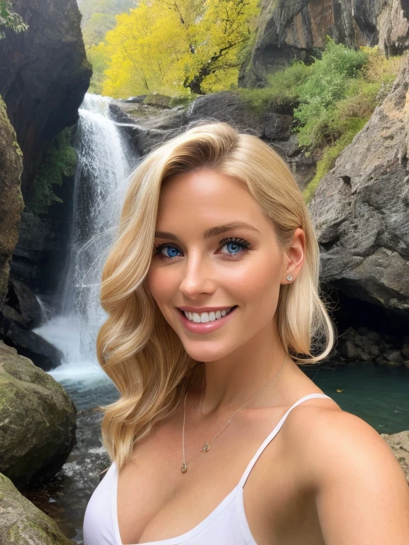 There is a beautiful 35 year old blonde woman with blue eyes under a waterfall, bathrooms, esta feliz, smile, detalles de poros y arrugas en la piel