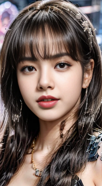 Virtual image,Realistic 8k portrait,Masterpiece,complete anatomy,Highly detailed,Excellent paint quality,girl lisa blackpink,(Lisa Black pink)(A face with details like a famous Korean singer.))Beautiful and bright,Singing on the concert stage