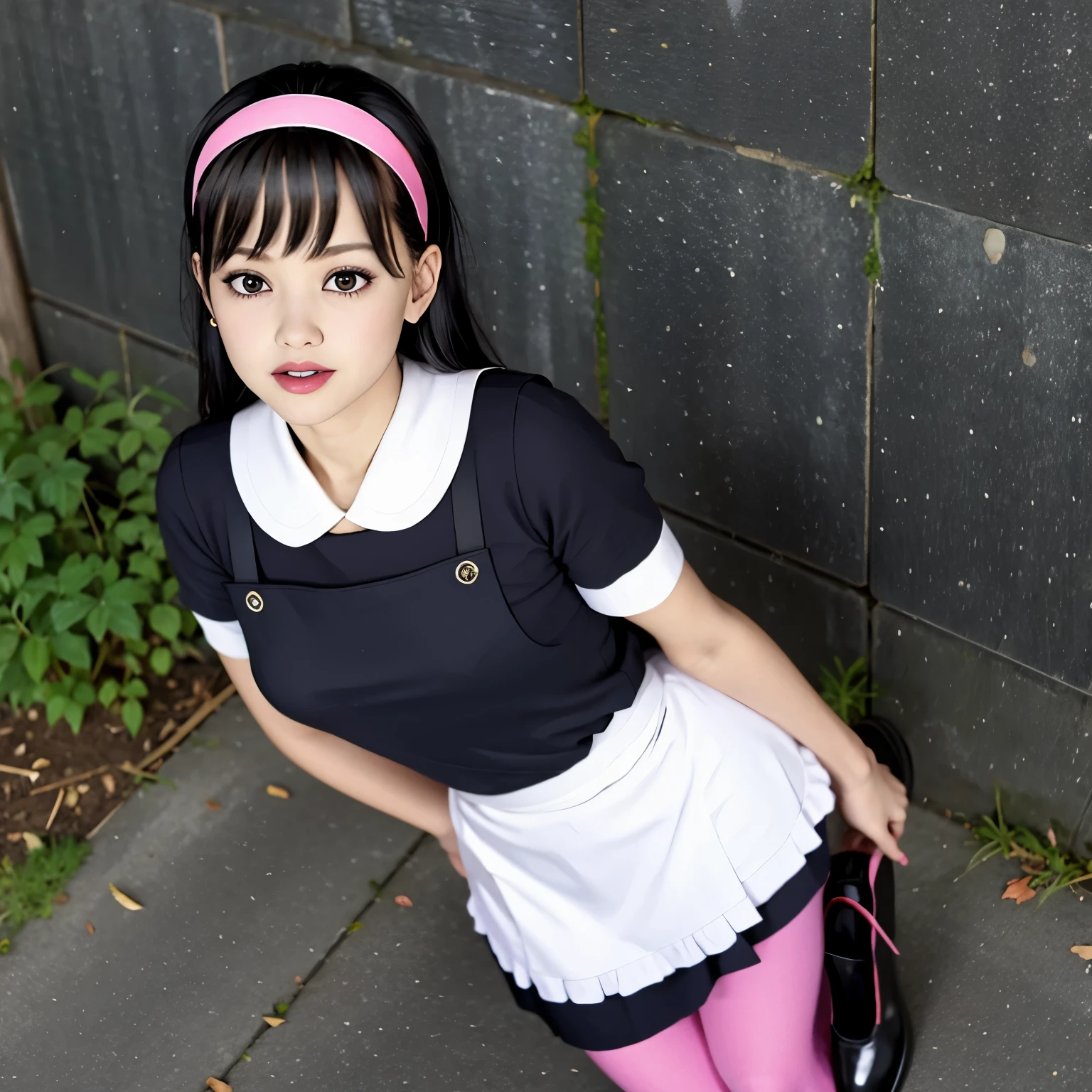 black tights、Black leather shoes、White apron、Pink ribbon、