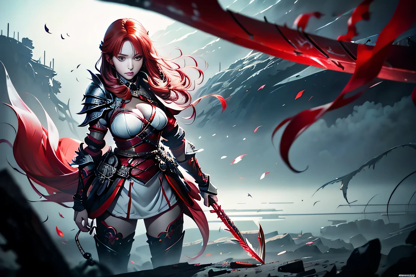 A full size of a beatiful anime girl warrior with red hair red eyes red eyeshadows red lipstick with cute scar near right eye and mouth dressed in sexy red armor dress with white parts, Girl standing on the battlefield and eminates red aura of madness, holding huge greatsword, red aura of madness around the girl, beautiful anime artwork, anime fantasy illustration, digital art , a beautiful artwork illustration, detailed art, beautiful anime art, anime fantasy artwork, gorgeous berserker girl with a greatsword illustration, detailed beautiful face, cute red hair women, 4k digital art