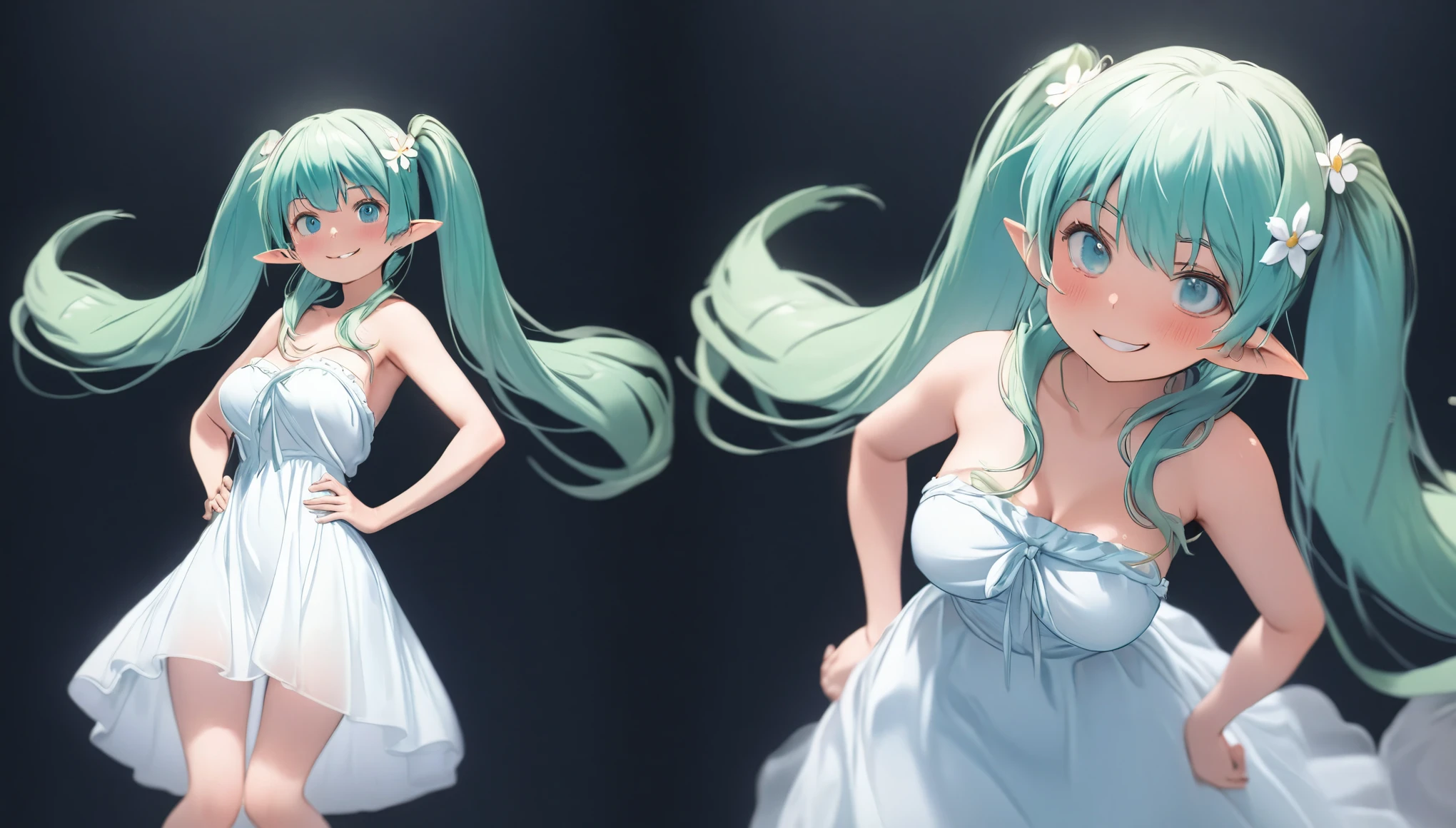 (masterpiece, highest resolution,highest quality ), 1 elven girl, ( bare breasts, thigh),  (aqua hair, twin tails ,very long hair , floating hair ), full body, hand on hip ,hair between eyes, multi colored hair, hair flower ornament ,(blush, smile, close  eyes), close mouth, summer dress,  white dress , strapless dress, (Open the front of the  dress chest very wide), large breasts, pointed ears, ((simple background,  black background))