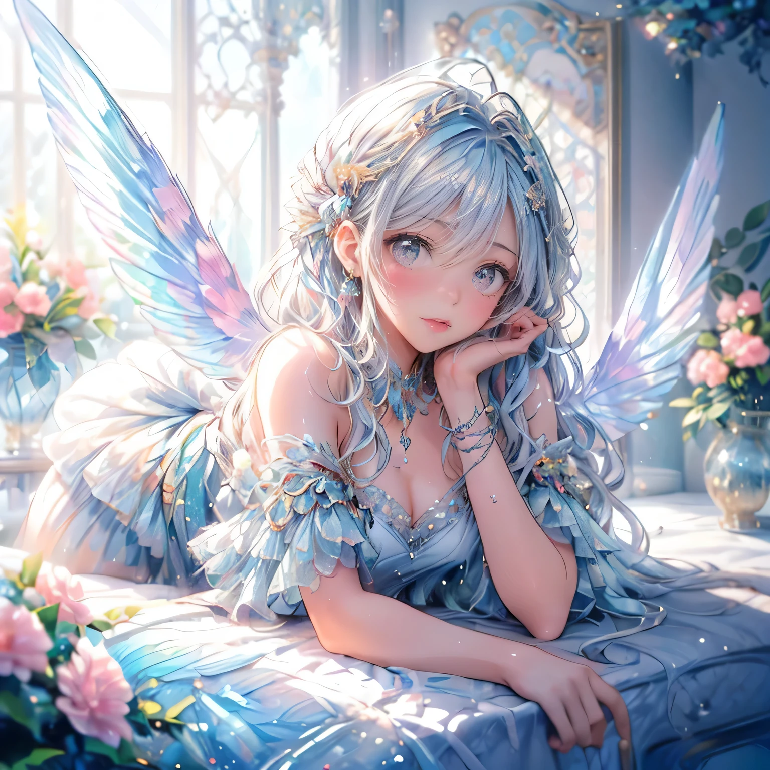 (masterpiece:1.2, 16k, best quality, vibrant colors:1.2, ultra-detaile:1.2, photorealistic:1.37),soft light, 1girl with beautiful delicate butterfly wings(big wings,sparkling rainbow wings),beautiful delicate (eyes, lips), detailed patterns,
iridescent,delicate,gorgeous,ethereal,fluttering feathers,dreamlike scene,airy atmosphere,artistic interpretation,soft and feathery texture,light and airy composition,mesmerizing beauty,smooth and flowing lines,whimsical and magical elements,gentle and graceful movement