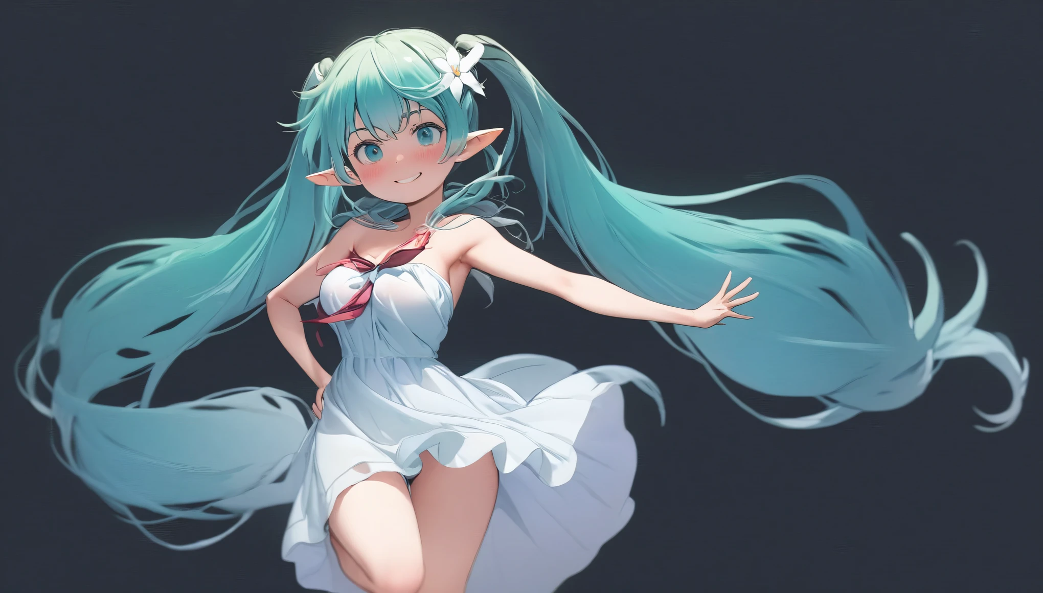 (masterpiece, highest resolution,highest quality ), 1 elven girl, ( bare breasts, thigh),  (aqua hair, twin tails ,very long hair , floating hair ), full body, hand on hip ,hair between eyes, multi colored hair, hair flower ornament ,(blush, smile, close  eyes), close mouth, summer dress,  white dress , strapless dress, (Open the front of the  dress chest very wide), large breasts, pointed ears, ((simple background,  black background))