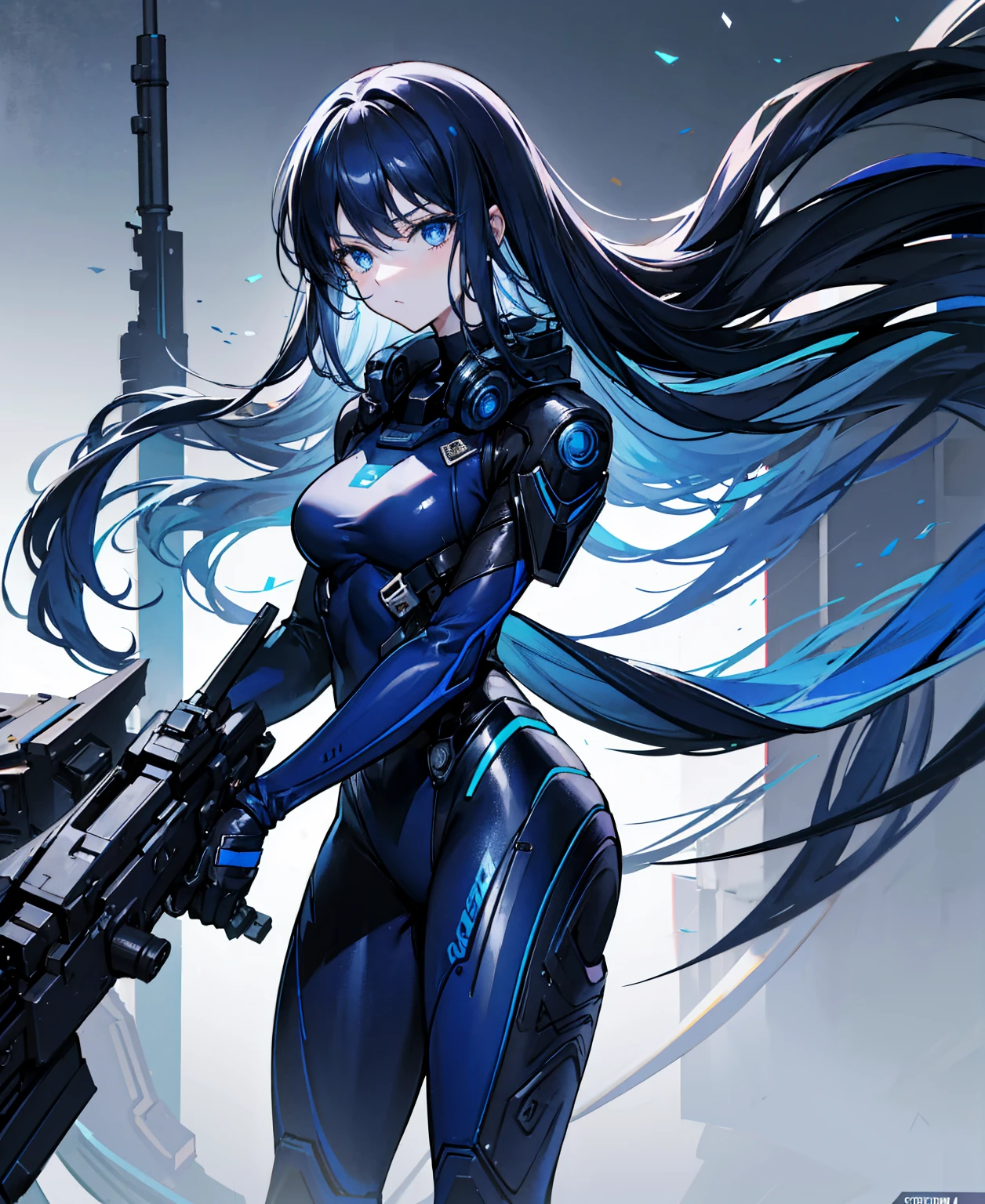 There is no background,girl,carry a firearm,Enamel-like tight suit,use of firearms,Navy blue long hair,attention arousal,Blue colored eyes,no gradation