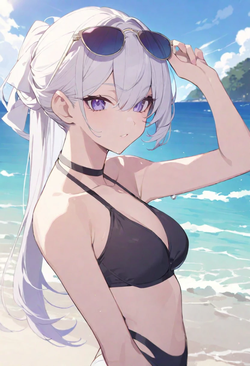 Fair-skinned beauty, swimsuit, beach, one pair of sunglasses