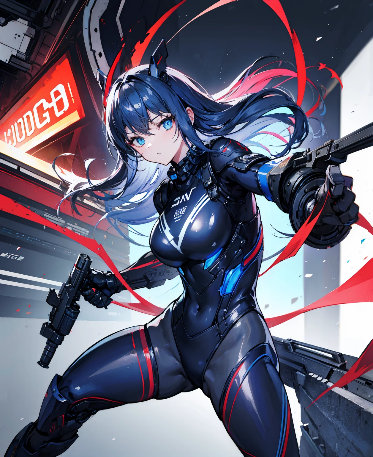 There is no background，girl，carry a firearm，Enamel-like tight suit，use of firearms，Navy blue long hair，attention arousal，Blue colored eyes,no gradation