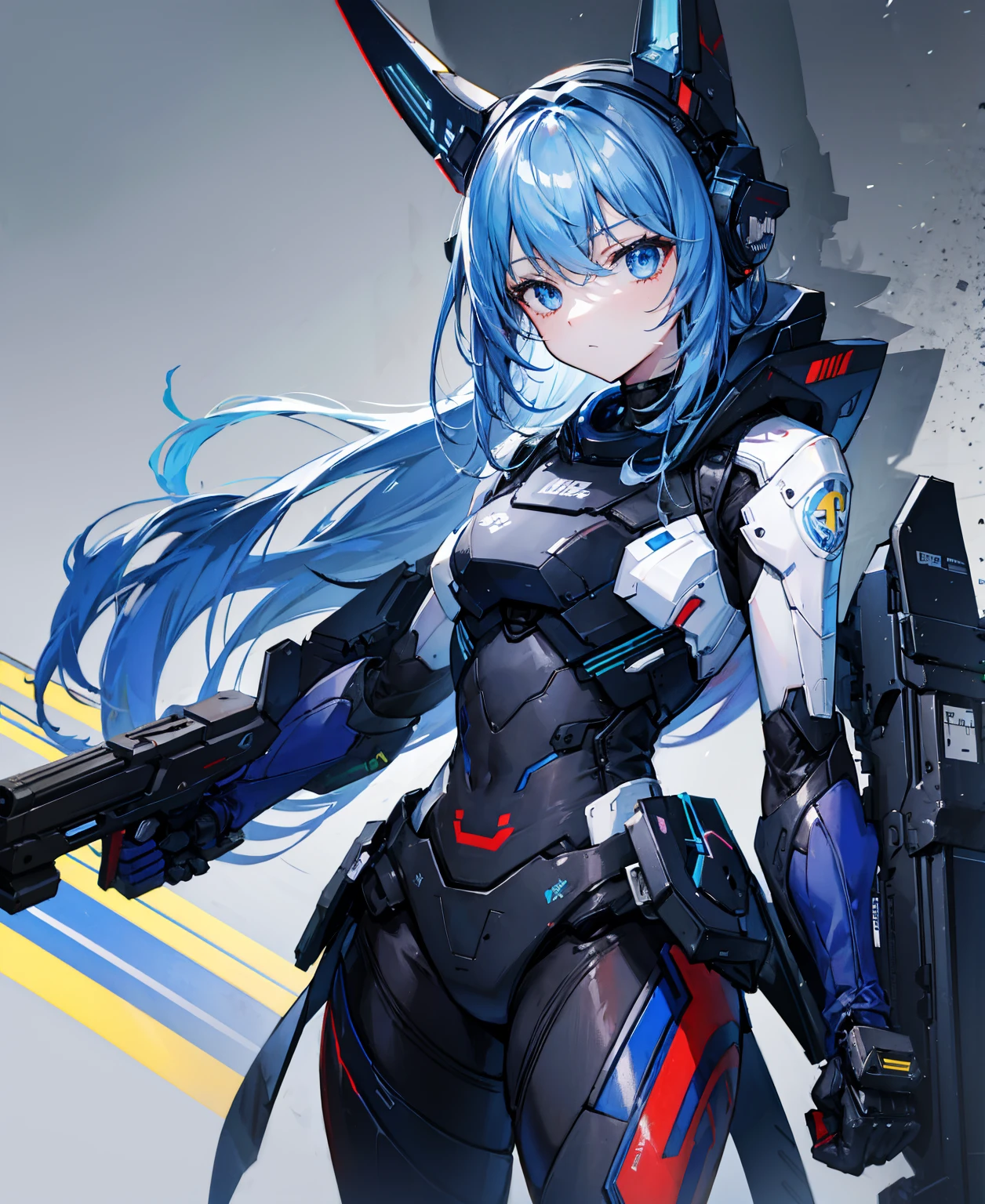 There is no background,girl,carry a firearm,Enamel-like tight suit,use of firearms,Navy blue long hair,attention arousal,Blue colored eyes,no gradation