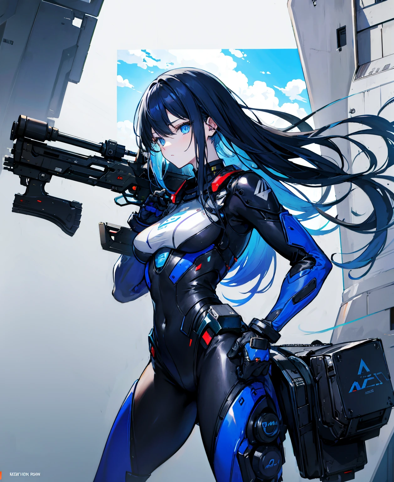 There is no background，girl，carry a firearm，Enamel-like tight suit，use of firearms，Navy blue long hair，attention arousal，Blue colored eyes,no gradation