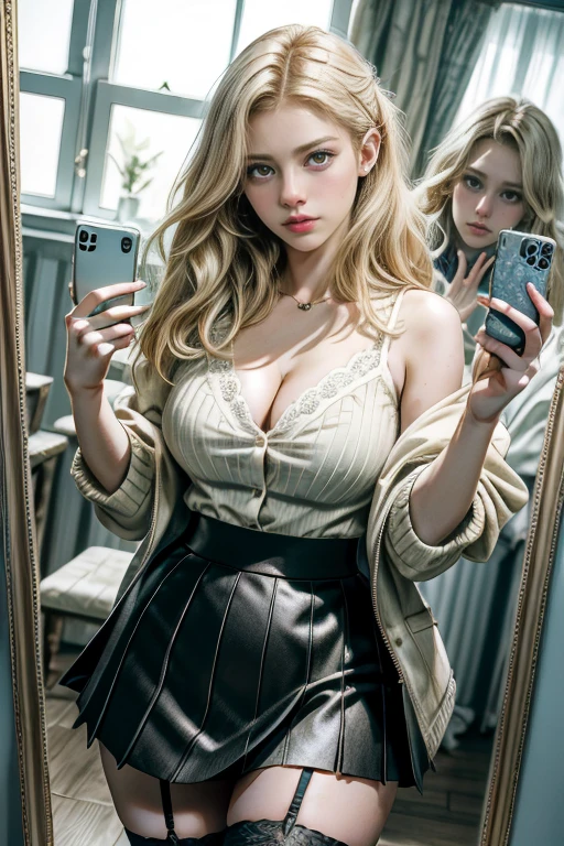 Viewed from a distance, Taking a selfie in a mirror, is a beautiful woman, wearing a mini skirt, bokeh, (basque), stockings, beautiful blonde hair, blue eyes, cleavage, gorgeous young model, beautiful woman, beautiful young woman, a gorgeous, very pretty model, perfectly formed fingers. ultra realistic, 4k, 8k