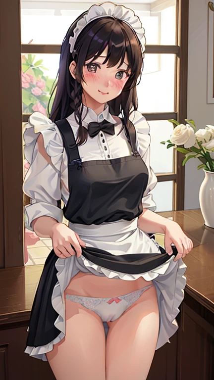 highest quality、masterpiece、((1 girl))、((smile))、(blush:1.4)、Black Shirt、blouse、((fun!!))、(Small breasts)、(single braid)、()、()、((White apron:1.5))、((Maid))、((hair ornaments)),、Kamimei、look at me、 ((in house:1.5))、 Taking a break from watching the audience、Cowboy Shot、(skirt lift:1.3),(Highly detailed white panties:1.3)、(highly detailed panties:1.3)、、(スカート that rolls up:1.3)、(Panties fully exposed:1.5)、