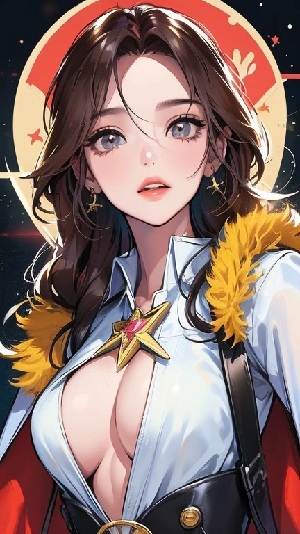 （（super high quality,））（（Ultra-high resolution,））（16K,）（super masterpiece,）（（Ultra HD ,））（Detailed shading,）Looking up from directly below,One sexy woman,Brown short hair bouncing out,popped Tight collar Yellow shirts,Unbutton your shirt down to your chest,Long sleeve,Cleavage,Black tight skirt,Crescent-shaped earrings,Crescent Necklace,Ecstatic smile,blush,Lean forward diagonally,Put one hand on your head,Night sky with moon and stars,