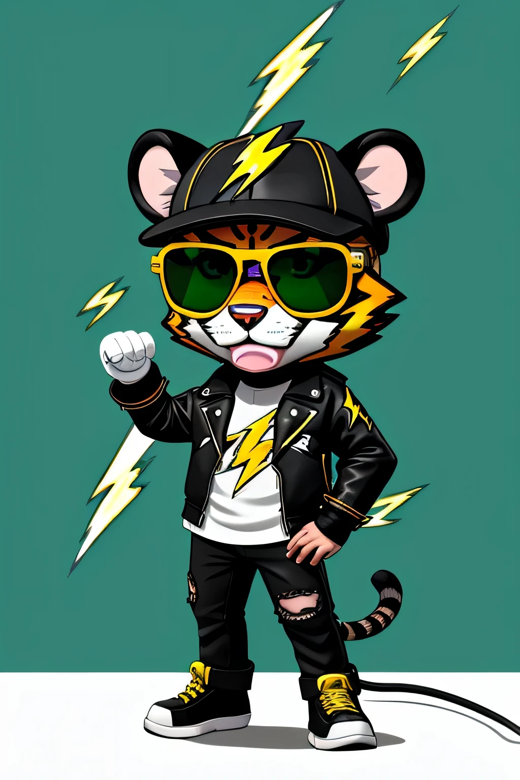 Tiger wearing a hat and sunglasses,Punk,The background is green, Telegram Stickers, fursona wearing fashionable clothes, ((((lightning)))), lightning, lightning master, lightning!!!, Adventure Island, Popular on cgstation, lightning, lightning!!, Adventure Island mouse, Telegram Stickers design