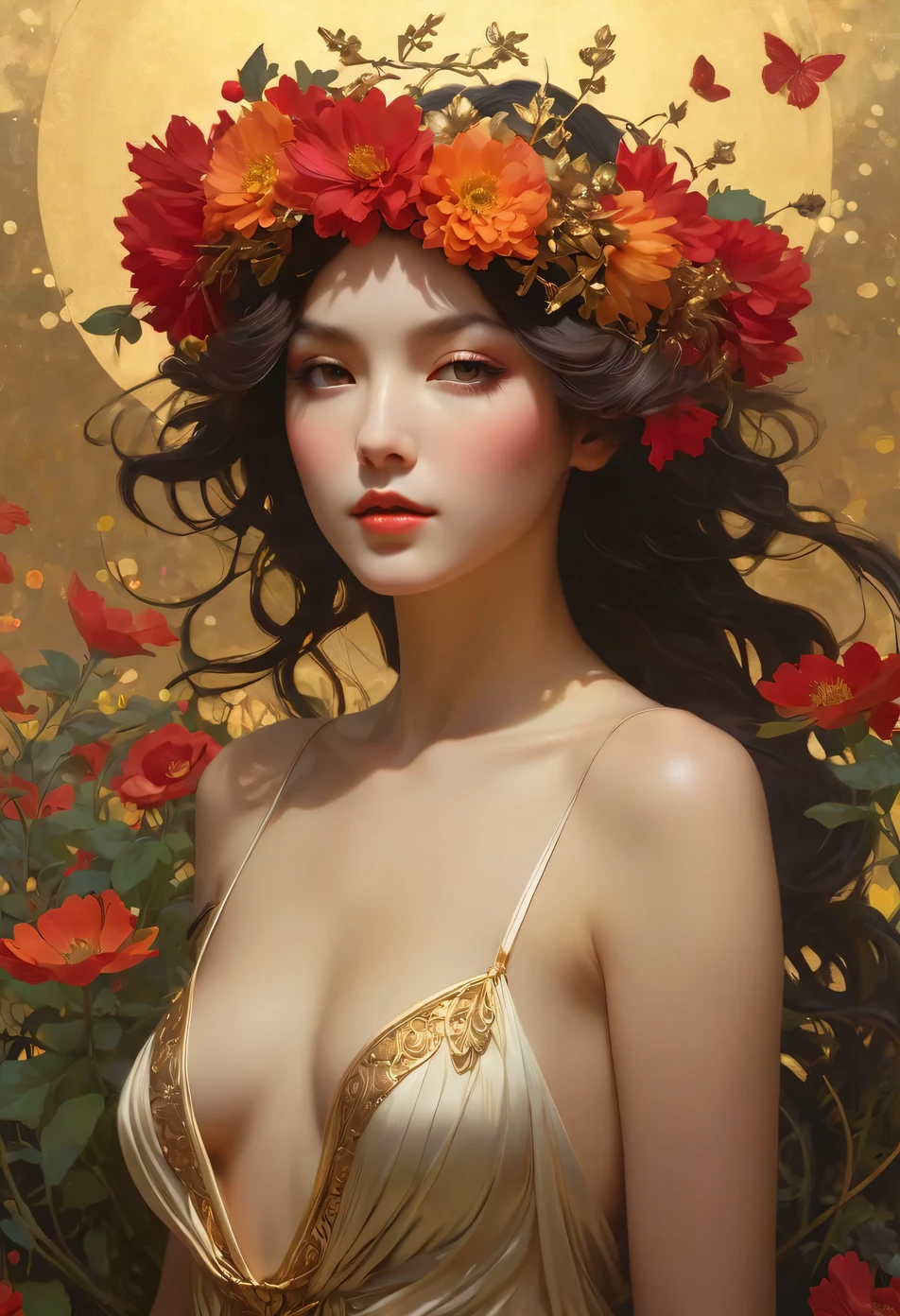 a painting of a woman with a flower crown on her head, flower goddess, woman in flowers, she has a crown of flowers, a goddess in a field of flowers, covered with flowers, mucha klimt and tom bagshaw, girl in flowers, persephone in spring, flower queen, goddess of spring, jinyoung shin art, female portrait with flowers, RAW photo of (adult:1.3),a  female burst of tangy crimson cascades,entwining magic and technology with viscous allure disappears into the shadows,in a neo-expressionist masterpiece of gold embrace,topless,small breasts,hair between eyes,(skinny, thin body:0.4),(chiaroscuro:1.3),(octane render masterpiece,masterpiece scale,beautiful depth of field,ultra wide field,ultra detailed CG perspective,ultra dynamic lighting amazing shadows,dramatic lighting), Convey the sense of inner strength and confidence. Introduce a gentle, atmospheric haze in the environment, creating a soft diffusion of light and giving the impression of gold aura and presence.