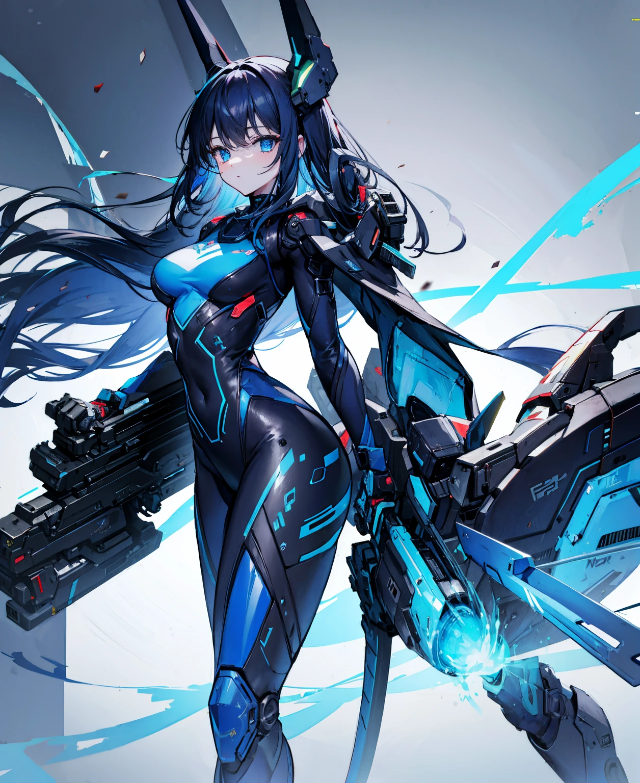 There is no background，girl，carry a firearm，Enamel-like tight suit，use of firearms，Navy blue long hair，attention arousal，Blue colored eyes,no gradation