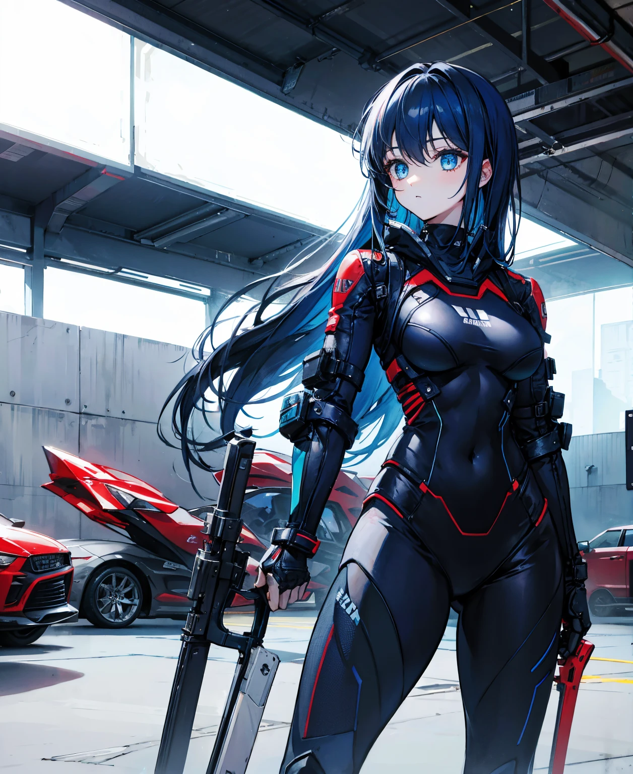 There is no background，girl，carry a firearm，Enamel-like tight suit，use of firearms，Navy blue long hair，attention arousal，Blue colored eyes,no gradation