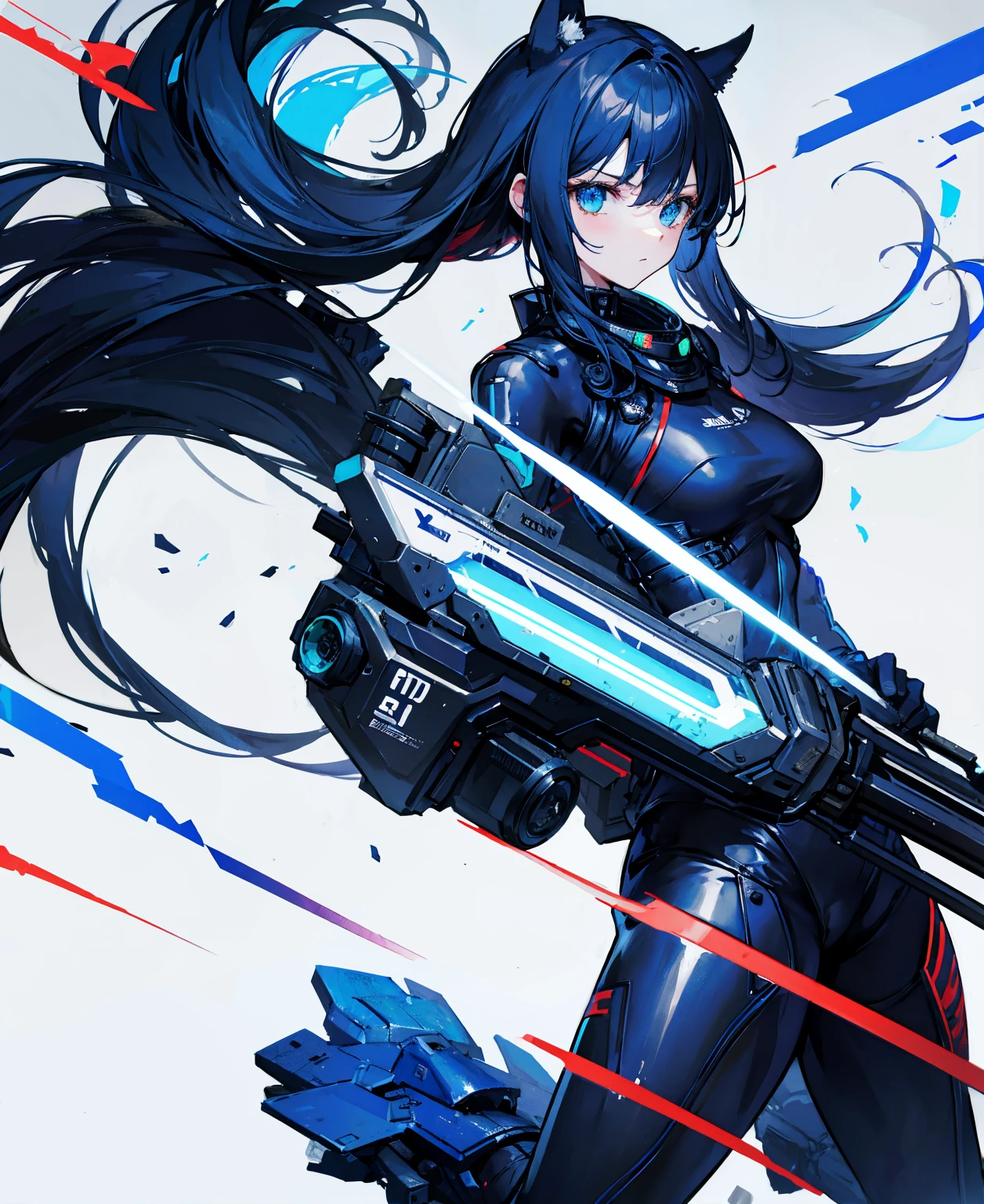 There is no background,girl,carry a firearm,Enamel-like tight suit,use of firearms,Navy blue long hair,attention arousal,Blue colored eyes,no gradation