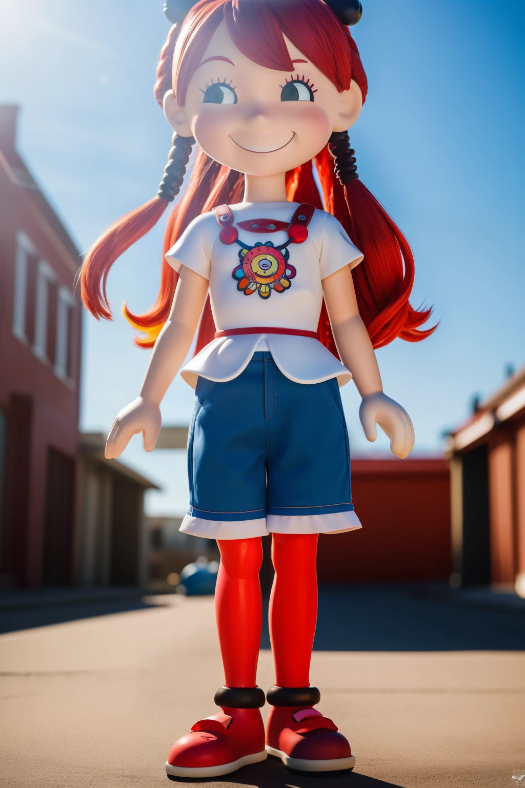 A red-haired Pippi Longstocking character, charming and full of life, with a wide smile and second body depicted in a sculptural, cartoon style. Facing forward in a bright and sunny midday light setting, the background is plain and simple to enhance the focus on the better image quality. This delightful Pippi creation, inspired by Takashi Murakami's Kaws Goodcore in Y2K style, showcases a unique and appealing ar 97:95 aspect ratio. With her vibrant red hair, distinctive freckles, and playful expression, Pippi radiates joy and curiosity that draws the viewer in.