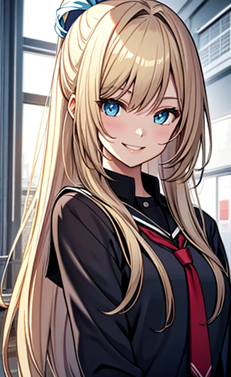 (realistic:1.4、masterpiece、top-quality、8k size wallpaper、offcial art)、(character focus、,upper body:1.6)、(1girl),(smile:1.3),(),cute face,blue eyes、()、
,(stand),(Shining smile),
,(slender),(school uniform),(ponytail、longblonde hair1.3), (small breasts)、
、fluorescence、classroom,JK、