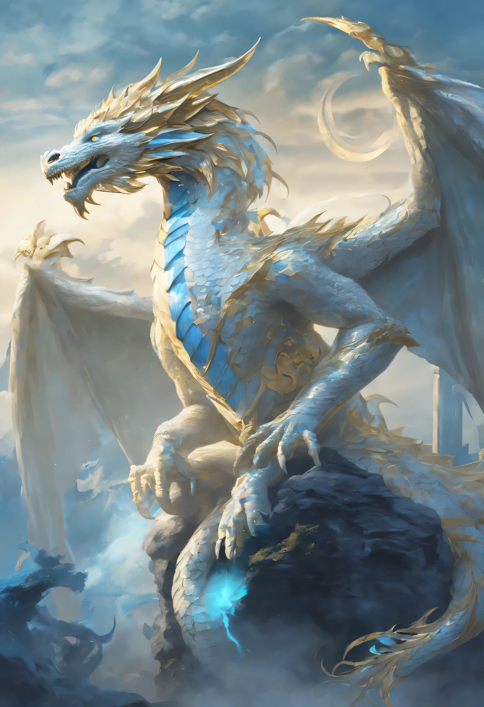 mythology，Dragon , white and blue color with gold 