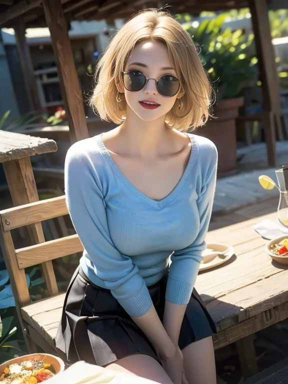 (best quality, 8k, highres, photorealistic:2.0), (solo, one girl:2.0),(photo taken using flash:1.9),(brighten up women:1.8),(ultimate beautiful girl:2.0),(shiny skin),(oily skin),(blonde hair:1.7),(short hairstyle:1.5),(cool beauty:2.0),Blush brown makeup , dark eye makeup , use pink glossy lipstick,(big beady eyes girl:1.5),(droopy-eyes girl:1.5),(blue eyes:1.5),(thin girl:1.5),(baby face girl:1.5),(sex appeal:1.3),(sweet smelling girl),(she works for low wages:1.5),(kind-hearted woman:1.5),(she has a nice smile),(woman with a happy look:1.3),(she is very sociable),(from a very poor family:1.5),(virgin girl),(She is a secret pervert.),(she covertly lewd),(she looks so erotic),(Preserve virginity for devout Christians),chuuChloe,(woman with very soft breasts),(woman fantasizing about sex:1.3),(allurement),(impressive eyes:1.5),(clean girl),(affability),(cute smile),(good personality),(puff out chest),(serious personality),(tight sheer knit sweater),(wants sex),(want to masturbate),(want to have sex forcibly),(pleated skirt),(insists on the chest),(Big nipples hard erect inside clothes:1.1),(relaxing time),(hair ornaments),(sunglasses)