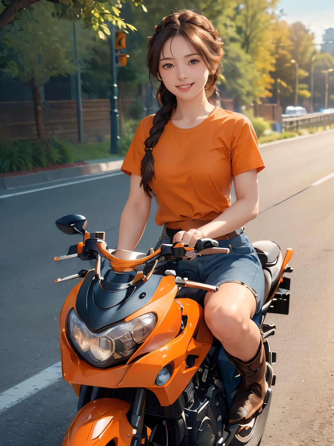 (masterpiece:1.3), (8k, Realistic, RAW Photos, highest quality:1.4), (Realistic face), (brown hair, Braided hair:1.3), Beautiful hairstyle, Realistic eyes, Beautiful small blue eyes, (Realistic skin), (Beautiful Skin), (((Riding a motorcycle outdoors))), charm, Ultra-high resolution, Surreal, Golden Ratio, Long limbs、((smile)), ((full body shot)), (((Orange short sleeve shirt)))、(Jeans and racing boots)