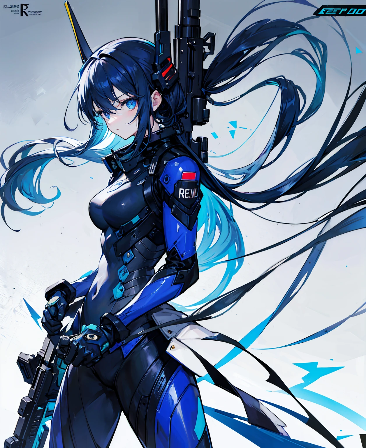 There is no background,girl,carry a firearm,Enamel-like tight suit,use of firearms,Navy blue long hair,attention arousal,Blue colored eyes,no gradation
