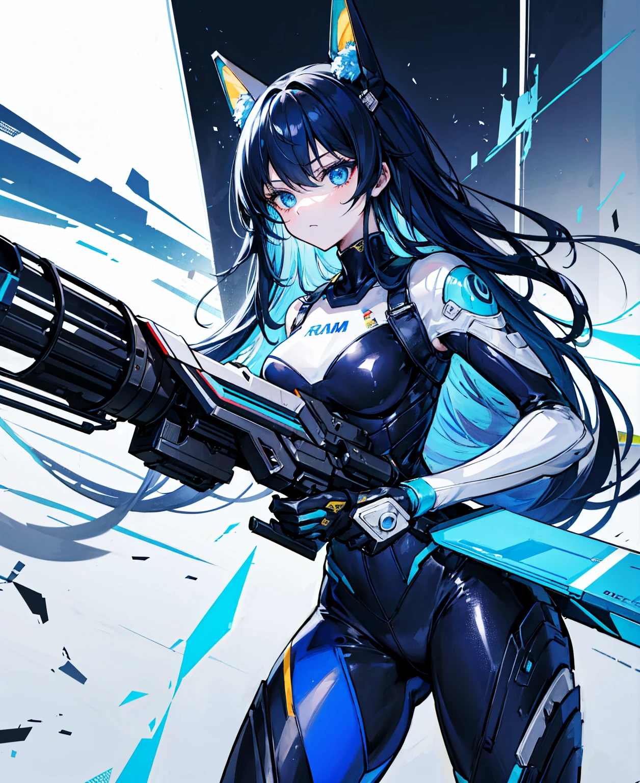 There is no background,girl,carry a firearm,Enamel-like tight suit,use of firearms,Navy blue long hair,attention arousal,Blue colored eyes,no gradation