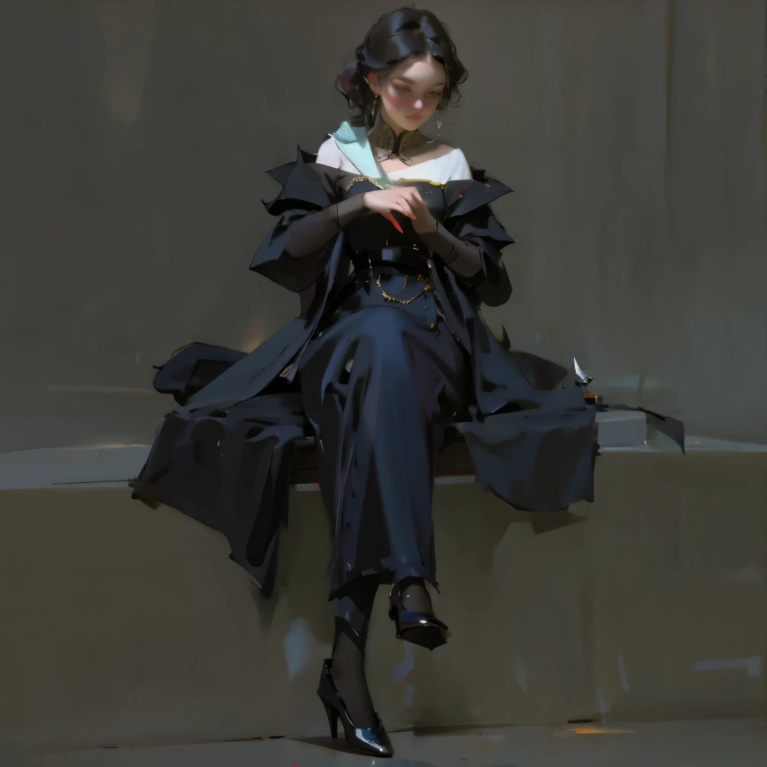 (masterpiece, Best quality), ((1 person)), Young woman, Young woman-кошка, princess in an elegant black dress, Black Ball Gown, is sitting, in a sitting position, Beauty, dramatic, Black tone, BREAK Underexposed lighting, ((toe to toe: -1.5))