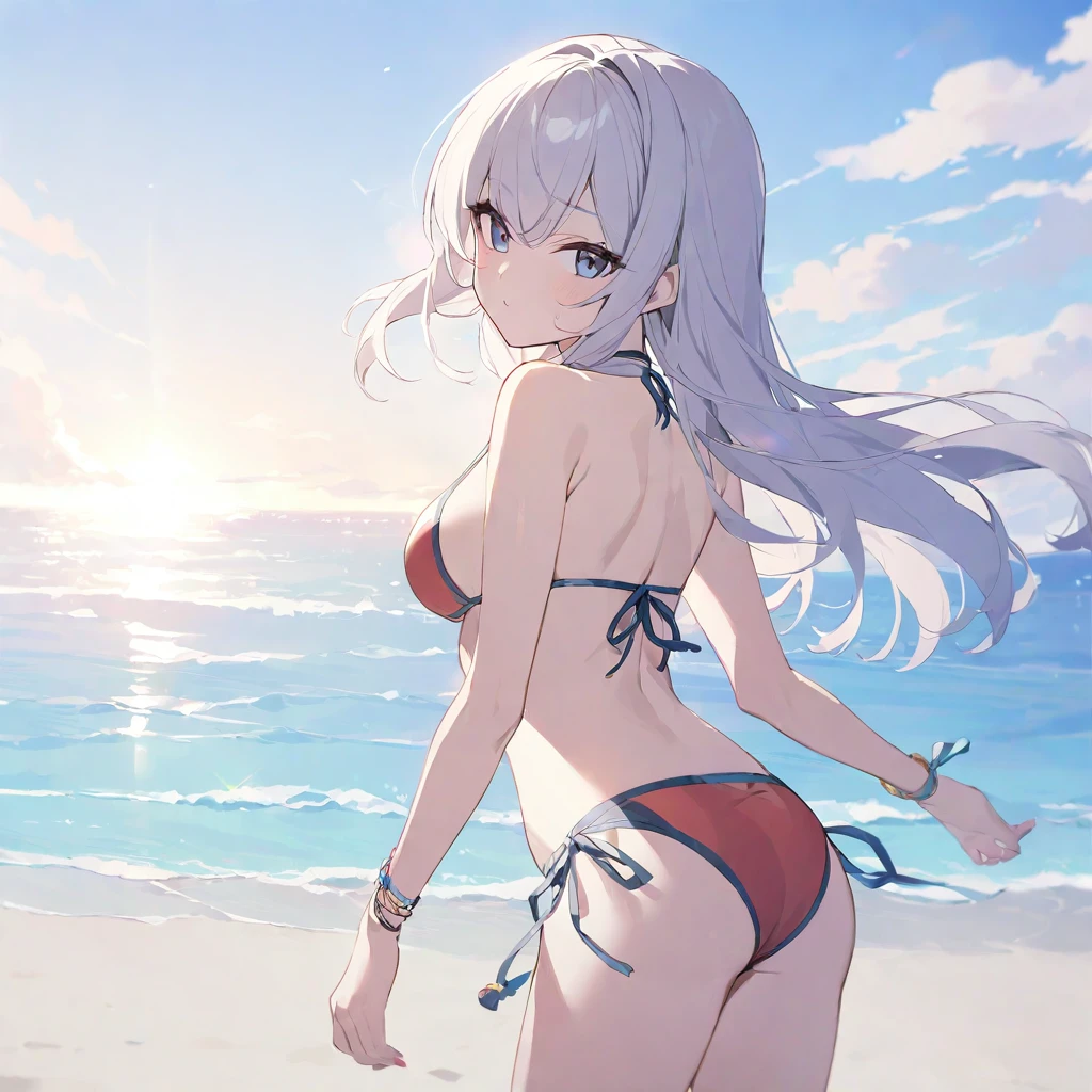 Fair-skinned beauty, swimsuit, beach, bikini, looking back