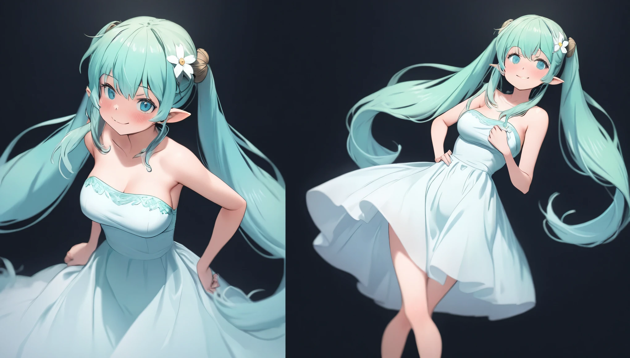 (masterpiece, highest resolution,highest quality ), 1 elven girl, ( bare breasts, thigh),  (aqua hair, twin tails ,very long hair , floating hair ), full body, hand on hip ,hair between eyes, multi colored hair, hair flower ornament ,(blush, smile, close  eyes), close mouth, party dress,  white dress , strapless dress, (Open the front of the  dress chest very wide), large breasts, pointed ears, ((simple background,  black background))