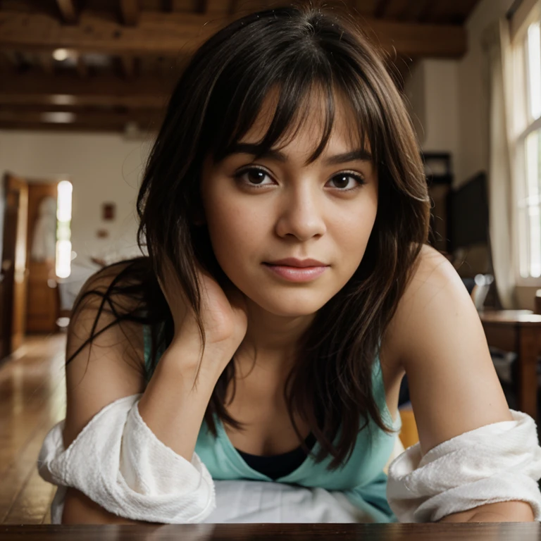 (photo portrait:1.0), a woman wearing tennis top and shorts, brown hair, dark eyes, laying on bed