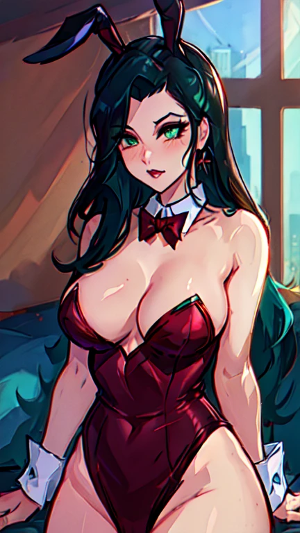 masterpiece, high quality, best quality, intricate detailed, highres, volumetric lighting, dynamic angle, depth of field, (portrait), looking at viewer,
1girl, solo, female focus,
curvy, , slim waist, thick thighs,
(full-face blush),
aroused, flirtatious,
TLOK_Asami_Sato, (main_outfit),
\green eyes\, black hair, playboy rabbit ears, breasts, animalearrings, cleavage, long hair, 1ke animal ears, medium breasts, bowtie, jewelry, eyeltail, bow, upper body, solo focus, red bowtie, bare shoulders, strapless, wrist cuffs, red bow, rabbit tail, blunt bangs, detached collar, looking away, bangs, naked, simple background, straight haqua hair, indoors, living room
city background,