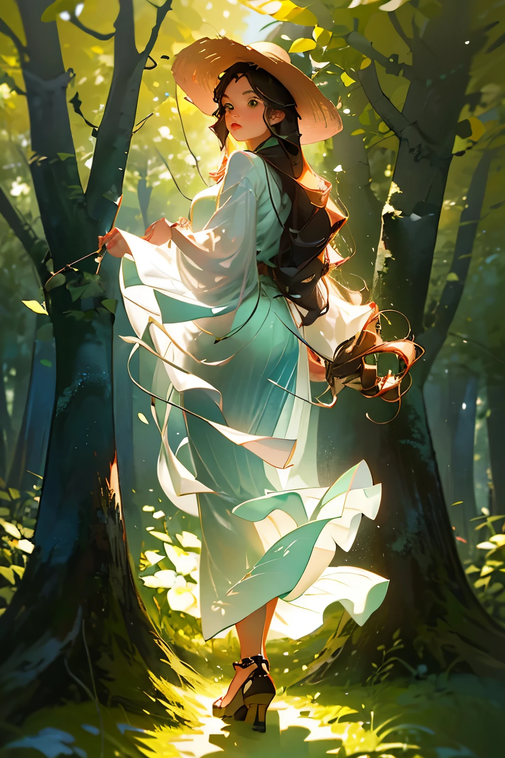 A girl, standing in a forest with a straw hat on her head, (full body:1.4), stylish, recent photo, (live HD wallpaper:1.2), 4k-v 6.0-ar 9:16, (detailed texture:1.3), wearing a simple, yet fashionable outfit, (green leaves and brown earth texture:1.3) creating an organic and earthy background, (sunlight filter:1.2) softly illuminating her face, (peaceful expression:1.2) radiating a calm and serene vibe, (long, wavy hair:1.3) flowing down her back, (natural makeup: