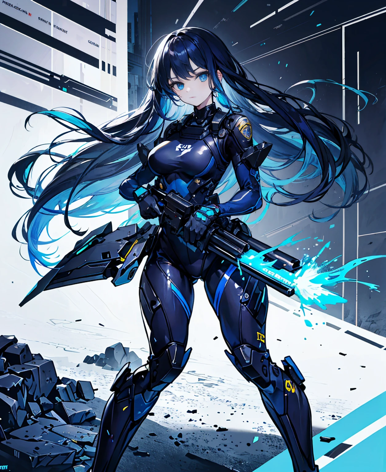 There is no background,girl,carry a firearm,Enamel-like tight suit,use of firearms,Navy blue long hair,attention arousal,Blue colored eyes,no gradation