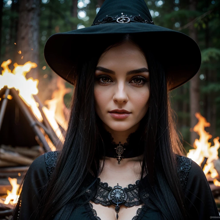 1 woman, European face, European eyes,  ultra detailed face and eyes, hyperrealistic, detailed representation, long black hair, pretty face, 30 years old, wears a long black witch dress,  dancing around a campfire gothic Style, full body view 