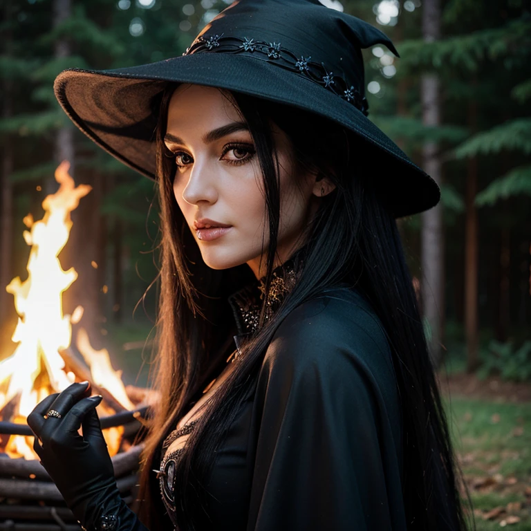 1 woman, European face, European eyes,  ultra detailed face and eyes, hyperrealistic, detailed representation, long black hair, pretty face, 30 years old, wears a long black witch dress,  dancing around a campfire gothic Style, full body view 