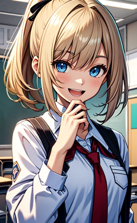 (realistic:1.4、​masterpiece、top-quality、8k size wallpaper、offcial art)、(character focus、,upper body:1.6)、(1girl),(Open mouth happy smile:1.3),(),cute face,blue eyes、()、
,(stand),(Shining smile),
,(slender),(school uniform),(ponytail、longblonde hair1.3), (small breasts)、
、fluorescence、classroom,JK、