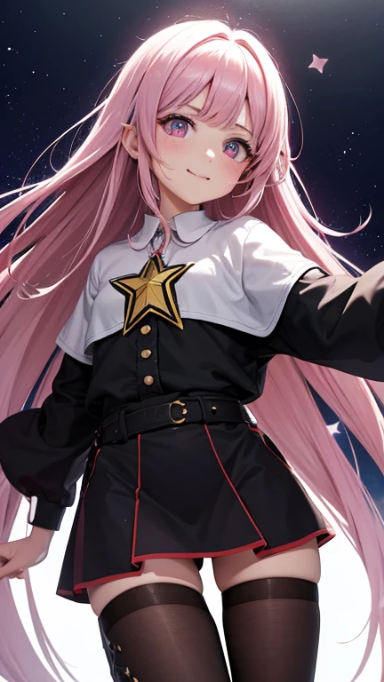 guantes, lengua sticking out, pelo largo, estrella (symbol), Ver visor, (cabello purpura: 1.2), ojos morados, parte superior del cuerpo, adorno para el pelo, volantes, pink camisa, sonrisa, sin mangas, camisa, idol, symbol shaped pupil, manos levantadas, golpes, one side up, estrella-shaped pupils, brazos levantados mirando al espectador, Signo de la paz, mano levantada, lengua out, of the highest quality, high resolution.