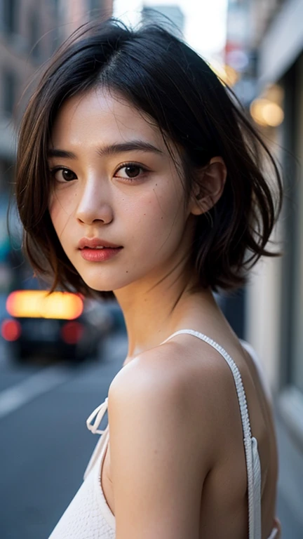 dressed, (photo realistic:1.4), (hyper realistic:1.4), (realistic:1.3), (smoother lighting:1.05), (Improve the quality of cinematic lighting:0.9), 32K, 1 girl,20 year old girl, realistic lighting, in the city, light shines on your face, ray tracing, (bright light:1.2), (Improvement of quality:1.4), (Highest quality realistic textured skin:1.4), detailed eyes, detailed face, high quality eyes, (Tired, sleepy and satisfied:0.0), close up of face, short bob hair,black hair,green one piece perfect breast full nude