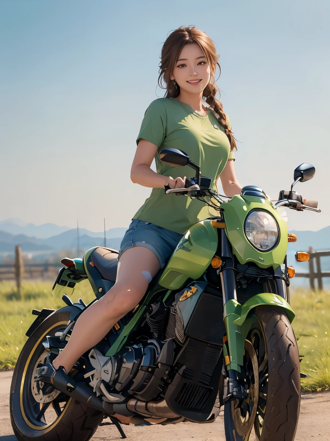 (masterpiece:1.3), (8k, Realistic, RAW Photos, highest quality:1.4), (Realistic face), (brown hair, Braided hair:1.3), Beautiful hairstyle, Realistic eyes, Beautiful small blue eyes, (Realistic skin), (Beautiful Skin), (((Riding a motorcycle outdoors))), charm, Ultra-high resolution, Surreal, Golden Ratio, Long limbs、((smile)), ((full body shot)), (((Green short sleeve shirt)))、(Long jeans and sneakers)