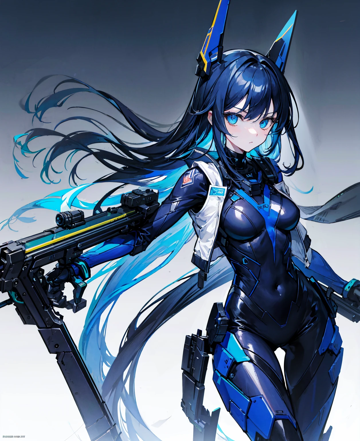 There is no background,girl,carry a firearm,Enamel-like tight suit,use of firearms,Navy blue long hair,attention arousal,Blue colored eyes,no gradation