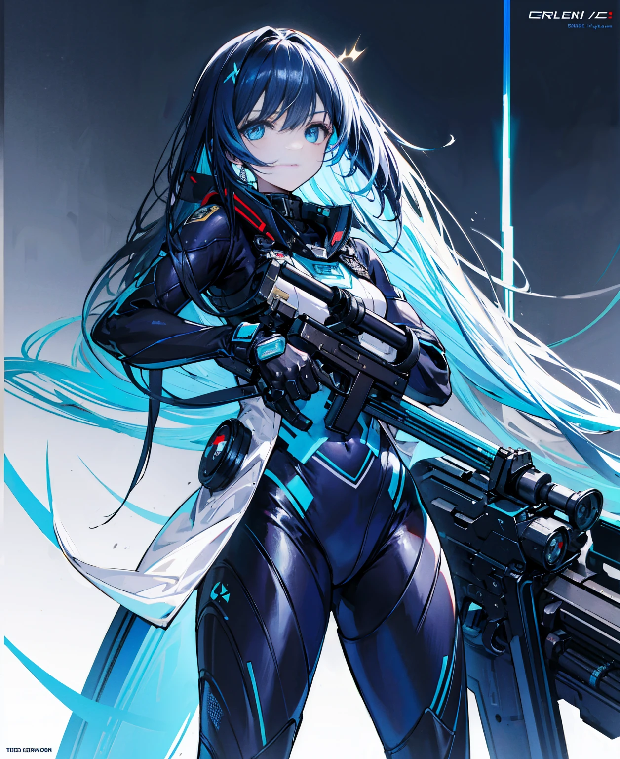 There is no background,girl,carry a firearm,Enamel-like tight suit,use of firearms,Navy blue long hair,attention arousal,Blue colored eyes,no gradation