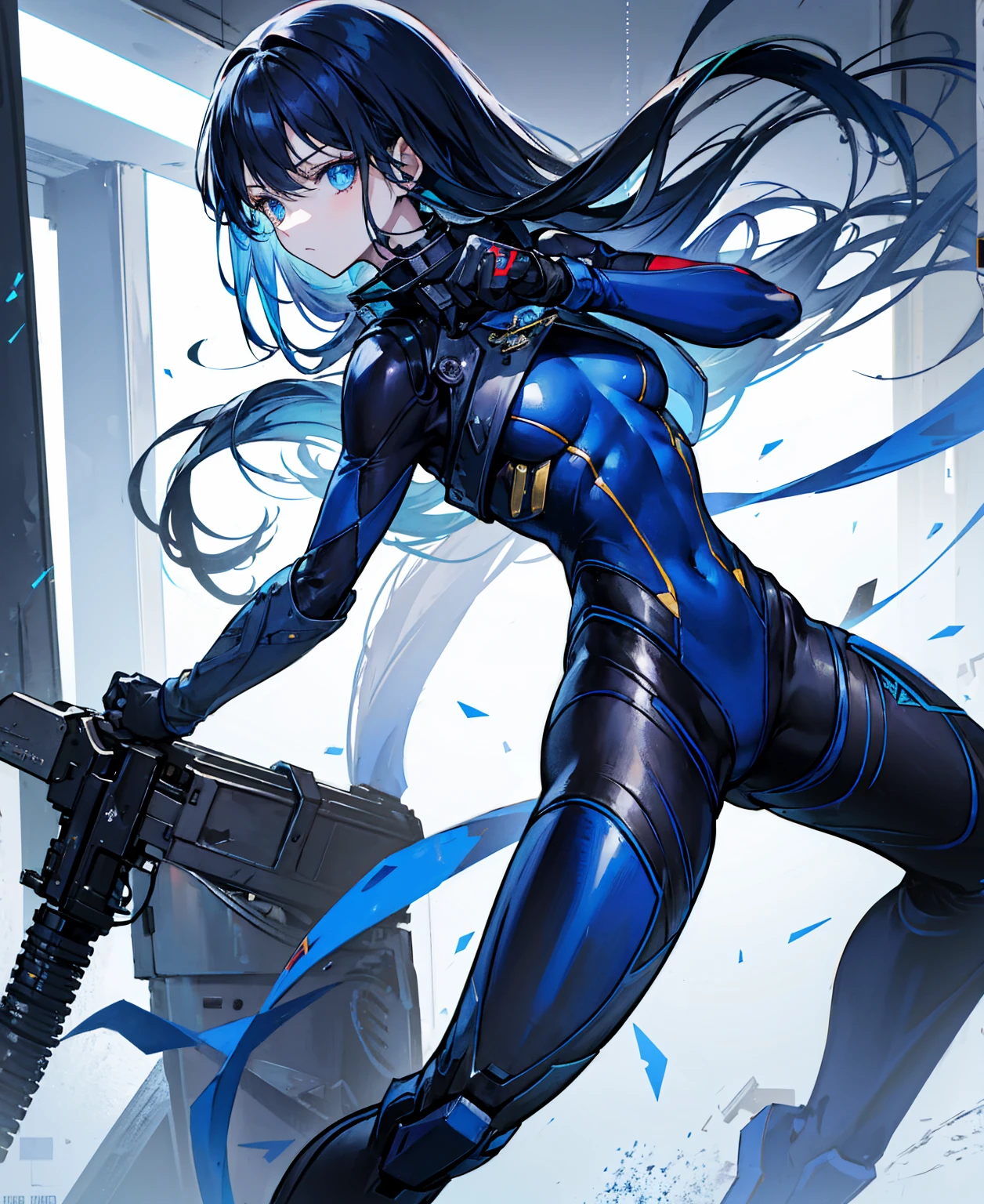 There is no background,girl,carry a firearm,Enamel-like tight suit,use of firearms,Navy blue long hair,attention arousal,Blue colored eyes,no gradation