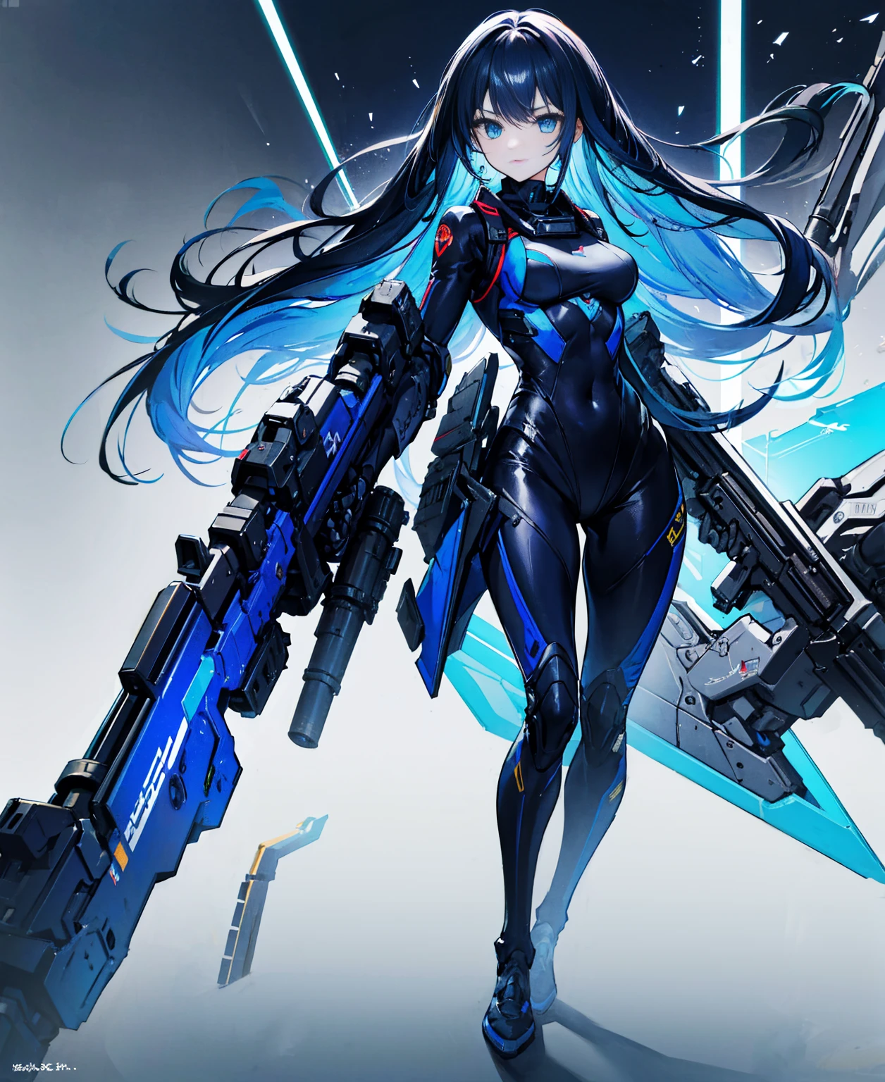 There is no background,girl,carry a firearm,Enamel-like tight suit,use of firearms,Navy blue long hair,attention arousal,Blue colored eyes,no gradation