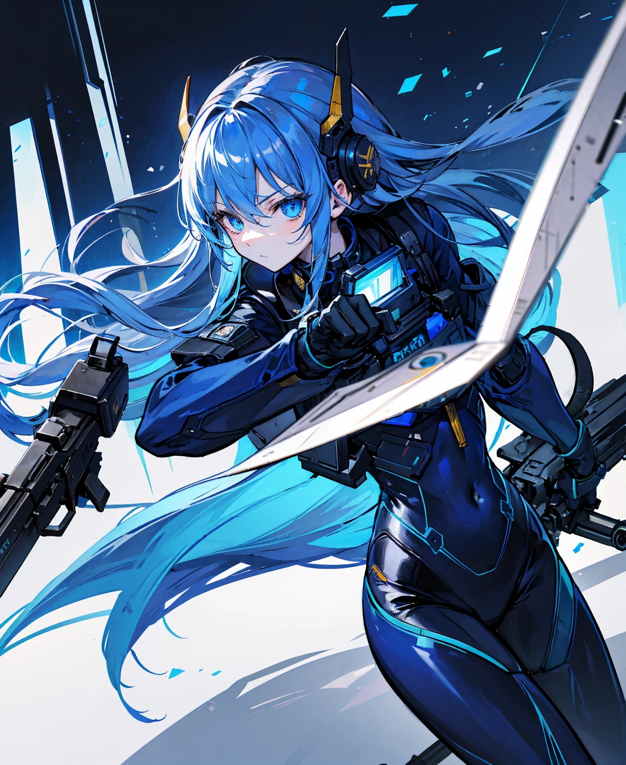 There is no background,girl,carry a firearm,Enamel-like tight suit,use of firearms,Navy blue long hair,attention arousal,Blue colored eyes,no gradation