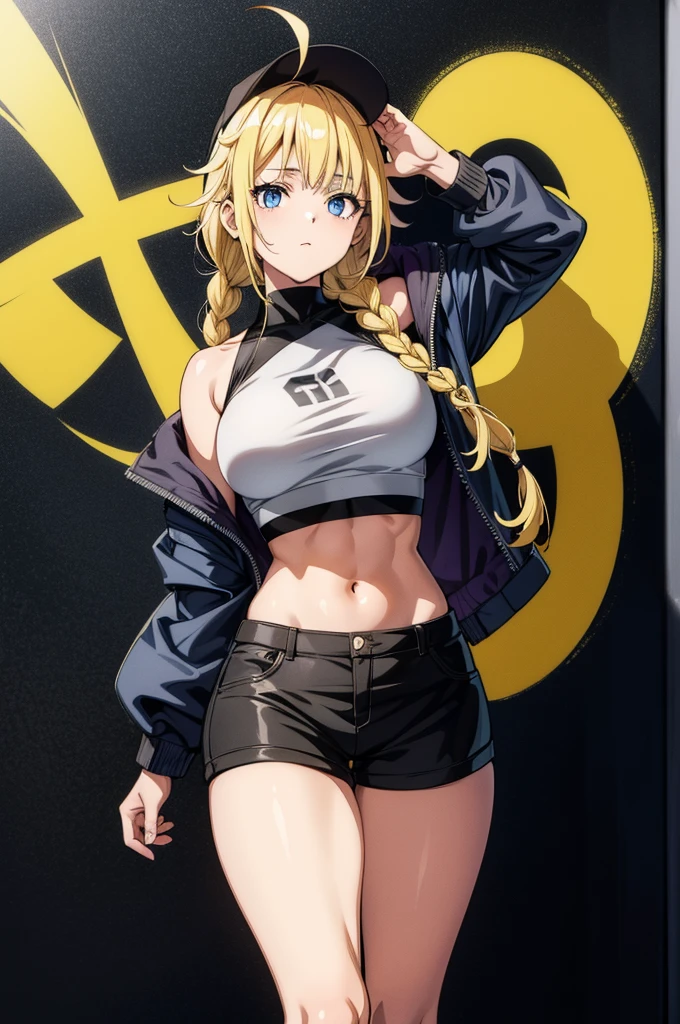 Girl, blonde hair, blue eyes, blue headband, short pants, big breasts,
