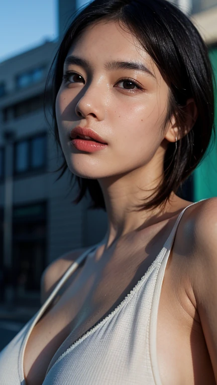 dressed, (photo realistic:1.4), (hyper realistic:1.4), (realistic:1.3), (smoother lighting:1.05), (Improve the quality of cinematic lighting:0.9), 32K, 1 girl,20 year old girl, realistic lighting, in the city, light shines on your face, ray tracing, (bright light:1.2), (Improvement of quality:1.4), (Highest quality realistic textured skin:1.4), detailed eyes, detailed face, high quality eyes, (Tired, sleepy and satisfied:0.0), close up of face, short bob hair,black hair,green one piece open top showing breast naked perfect breast full nude