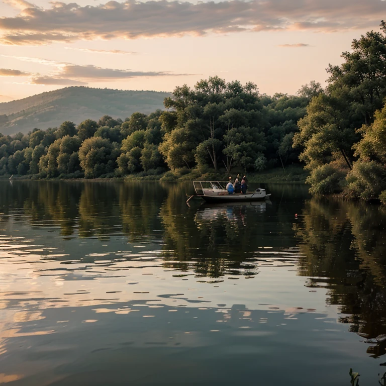 Lake at sundown with a boat with an old man fishing
