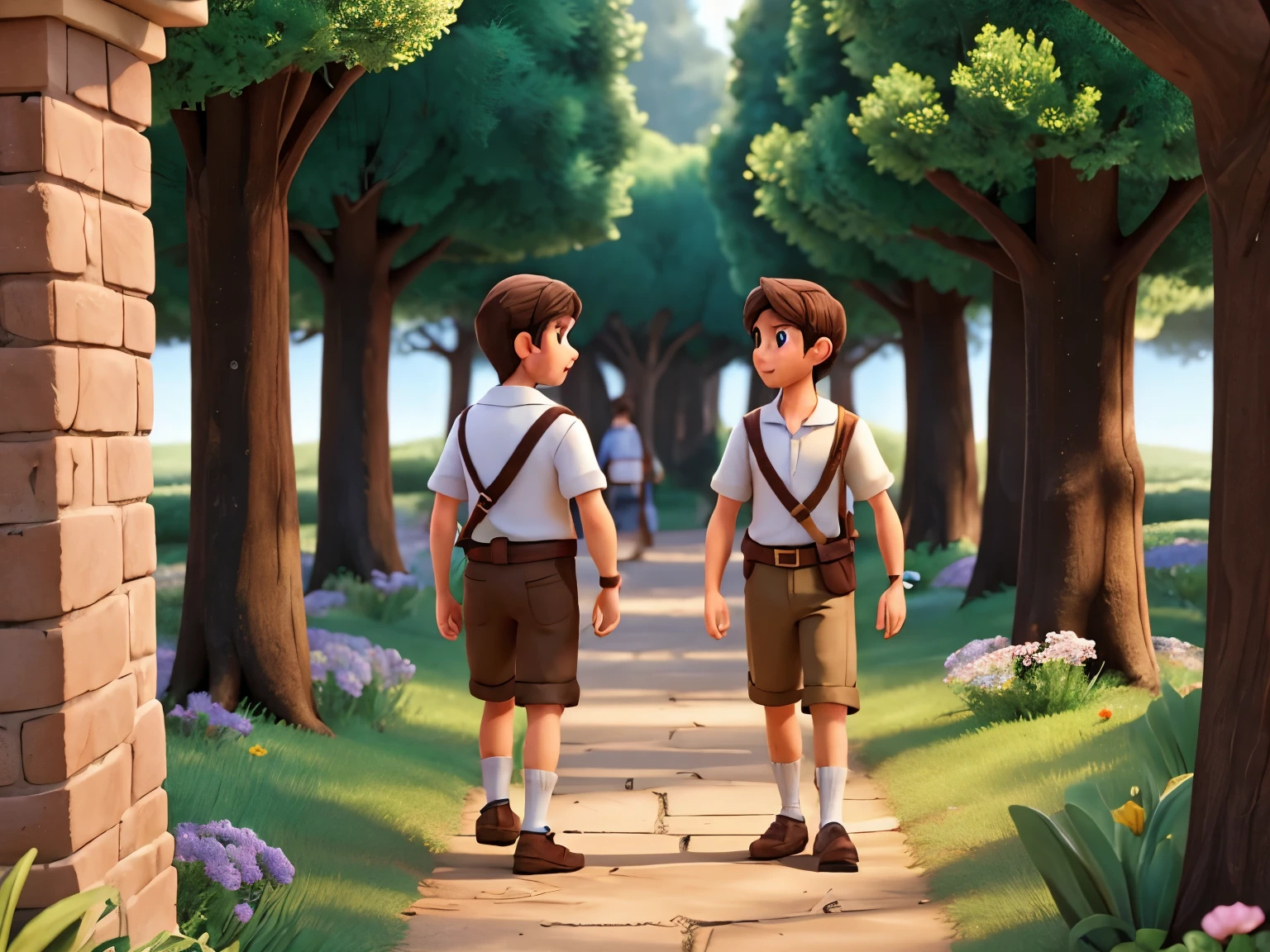 two adult brunette males exploring a fairytale world